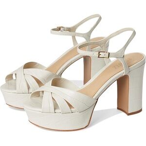 SCHUTZ Keefa Crocodile-Embossed Leather Platform Sandals in Pearl